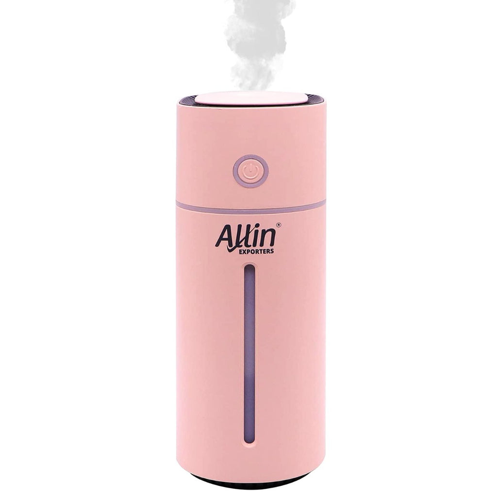 Allin Exporters Mini Ultrasonic Humidifier USB Portable Air Purifier Nano Atomization with LED Light & Filter Type for Car, Office Table, Cabin and Small Rooms (160 ml, Pink)