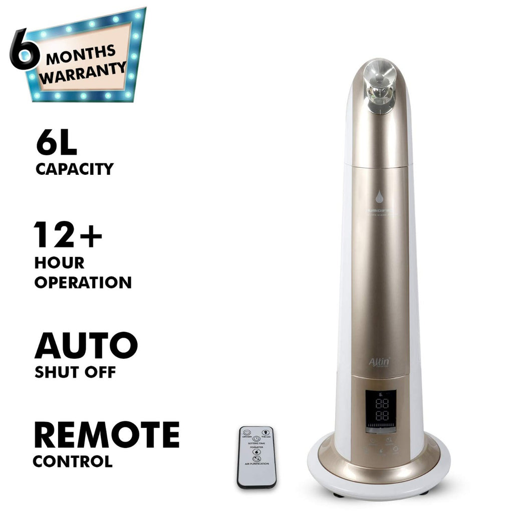 Allin Exporters H-189 Cool Mist Ultrasonic Floor Humidifier, Negative Ion Generator, Air Purifier with LED Display, Remote Control and Timer (Gold, 6 L)