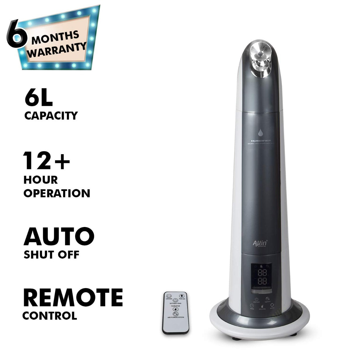 Allin Exporters H-189 Cool Mist Ultrasonic Floor Humidifier, Negative Ion Generator, Air Purifier with LED Display, Remote Control and Timer (Grey, 6L)