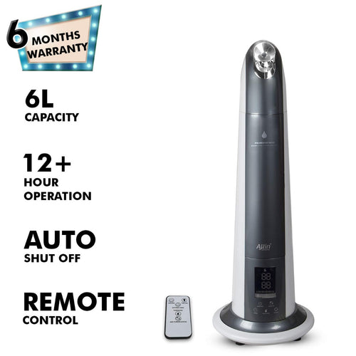Allin Exporters H-189 Cool Mist Ultrasonic Floor Humidifier, Negative Ion Generator, Air Purifier with LED Display, Remote Control and Timer (Grey, 6L)