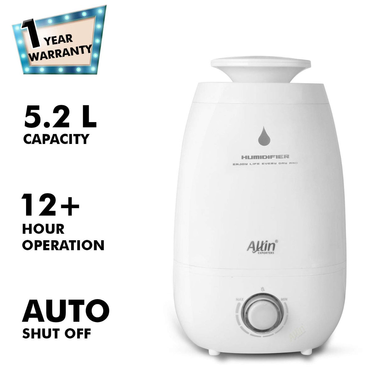 H-182 Cool Mist Ultrasonic Humidifier with Adjustable Mist and Waterless Auto-Off (5.2 L)