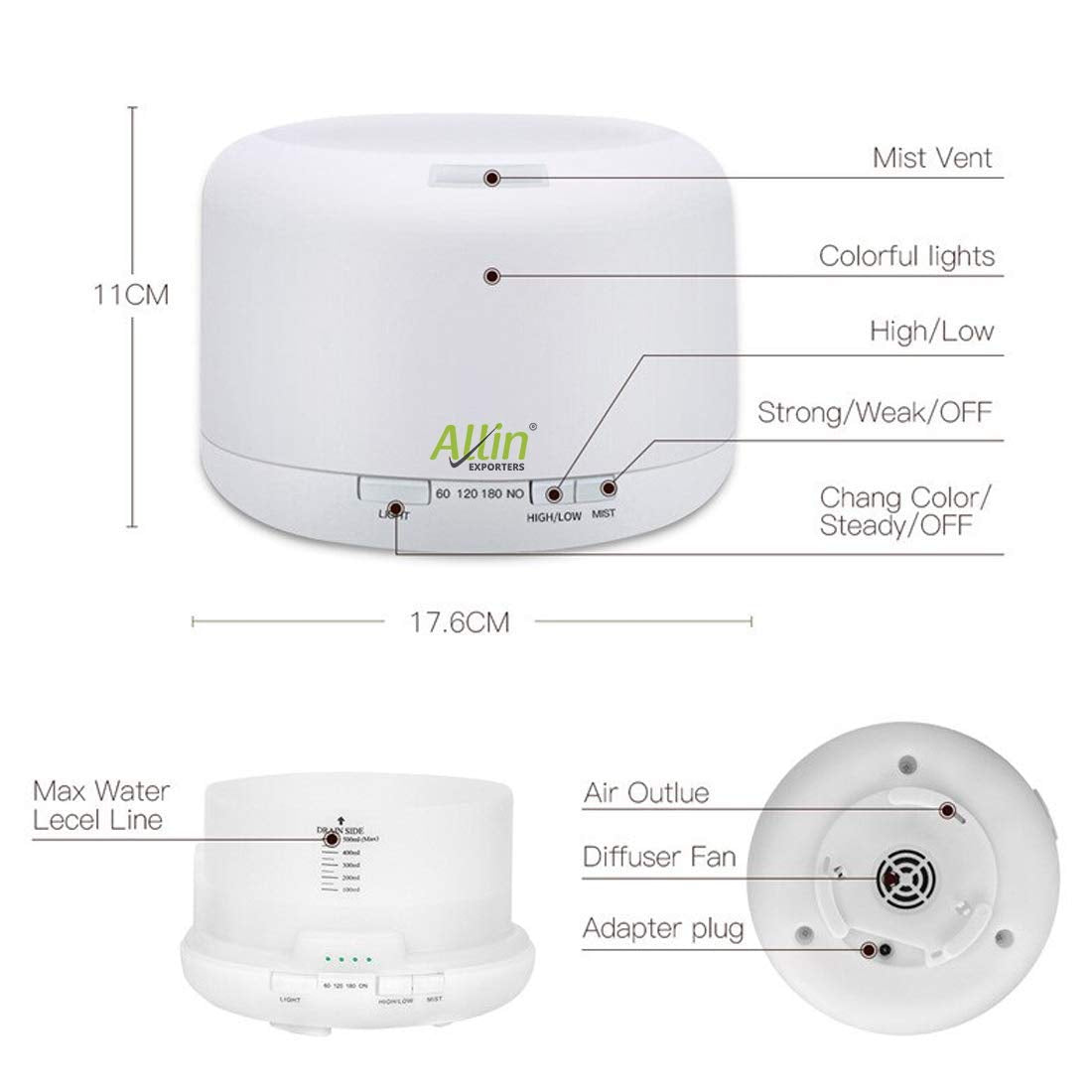 Allin Exporters DT-168W Aromatherapy Diffuser with Wireless Remote Essential Oil 4 in 1 to Purify, Ionize, Humidify & Spread Aroma Ultrasonic Humidifier with Timer Cool Mist with 7 Color Changing LED Lights (500 ML with remote)