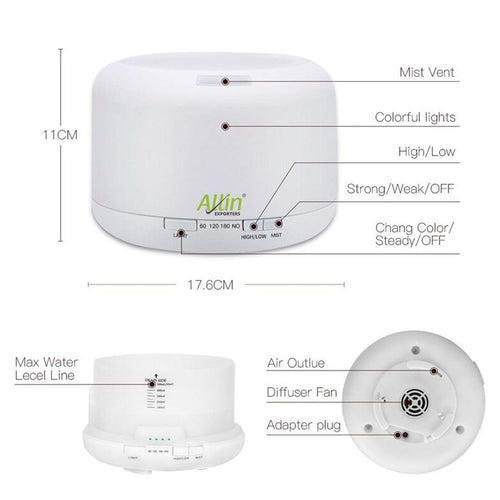 Allin Exporters DT-168W Aromatherapy Diffuser with Wireless Remote Essential Oil 4 in 1 to Purify, Ionize, Humidify & Spread Aroma Ultrasonic Humidifier with Timer Cool Mist with 7 Color Changing LED Lights (500 ML with remote)