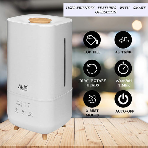 Allin Exporters LH-2030B Top Fill Humidifier with Touch Screen, Night Light & Essential Oil Tray Ultrasonic Cool Mist for Cold & Cough Ideal for Baby Bedroom & Office (4L, Wooden)