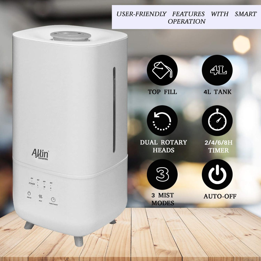 Allin Exporters LH-2030A Top Fill Humidifier with Touch Screen, Night Light & Essential Oil Tray Ultrasonic Cool Mist for Cold & Cough Ideal for Baby Bedroom & Office (4L, Silver)