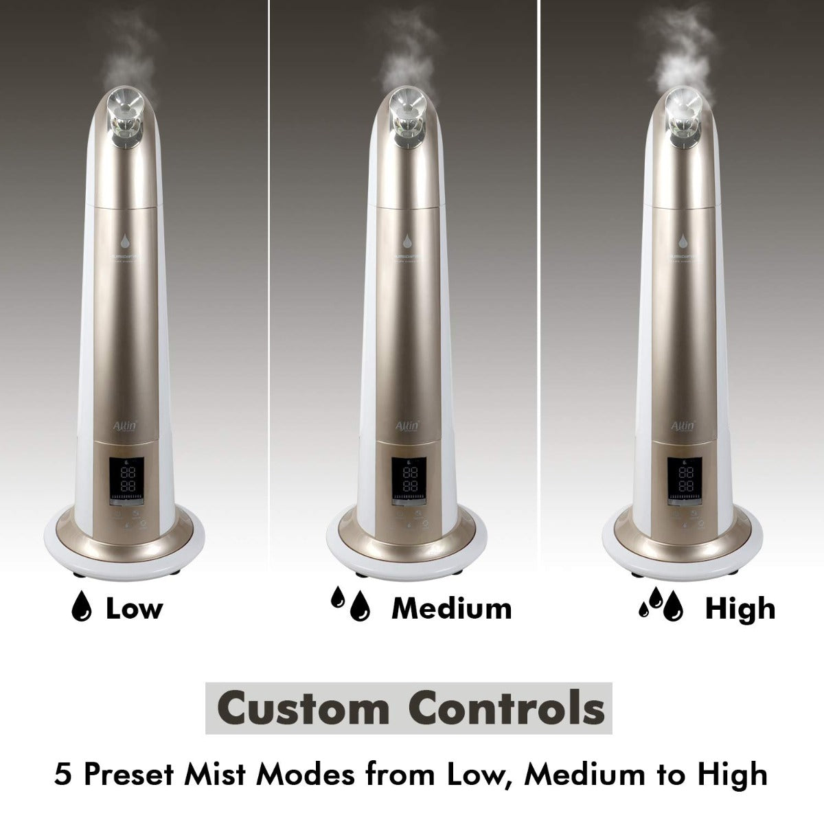 Allin Exporters H-189 Cool Mist Ultrasonic Floor Humidifier, Negative Ion Generator, Air Purifier with LED Display, Remote Control and Timer (Gold, 6 L)