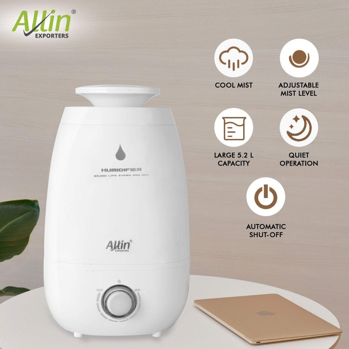 H-182 Cool Mist Ultrasonic Humidifier with Adjustable Mist and Waterless Auto-Off (5.2 L)
