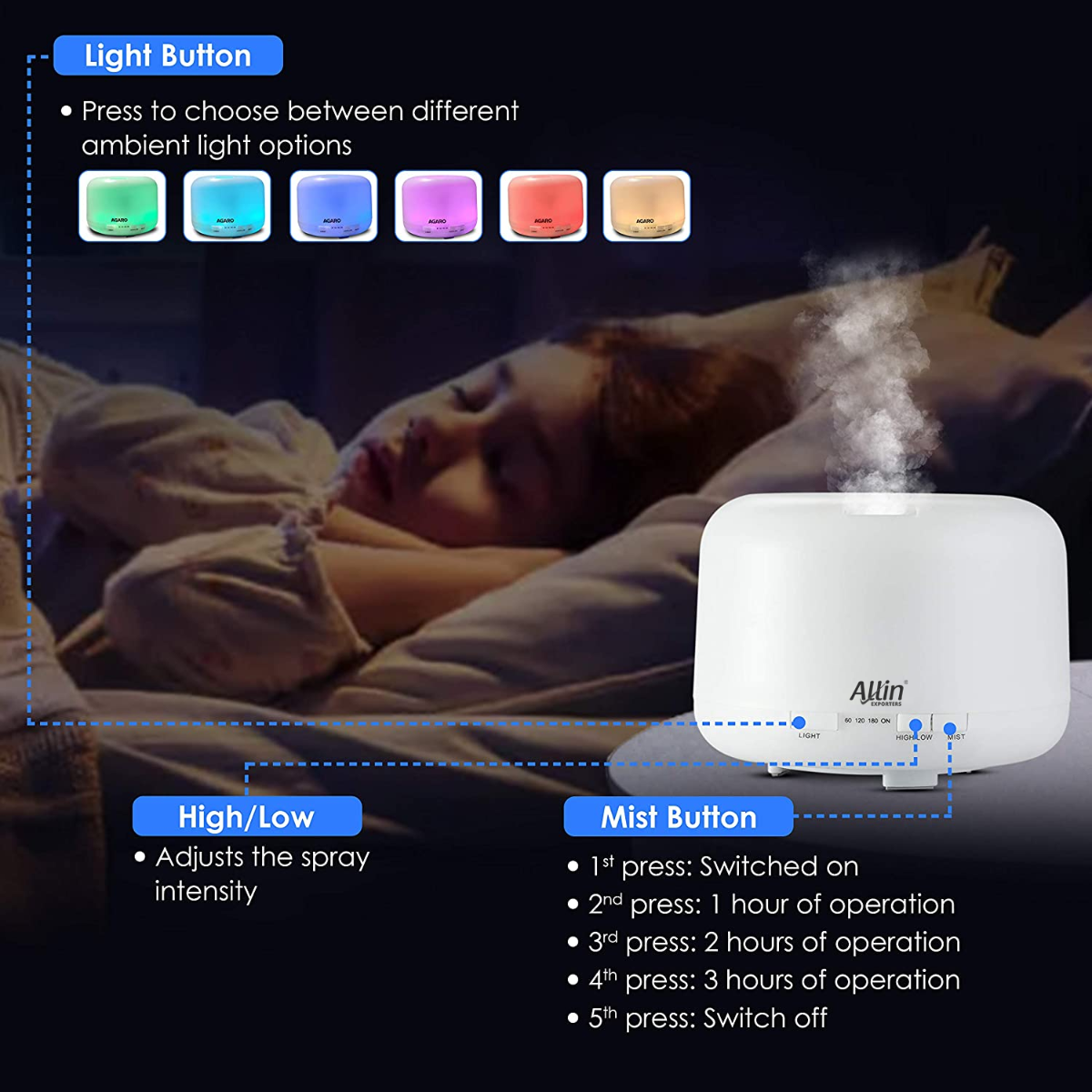 Allin Exporters DT-168G 500 ml Ultrasonic Humidifier & Essential Oil Aroma Diffuser with Timer and 7 Colorful LED Light Modes