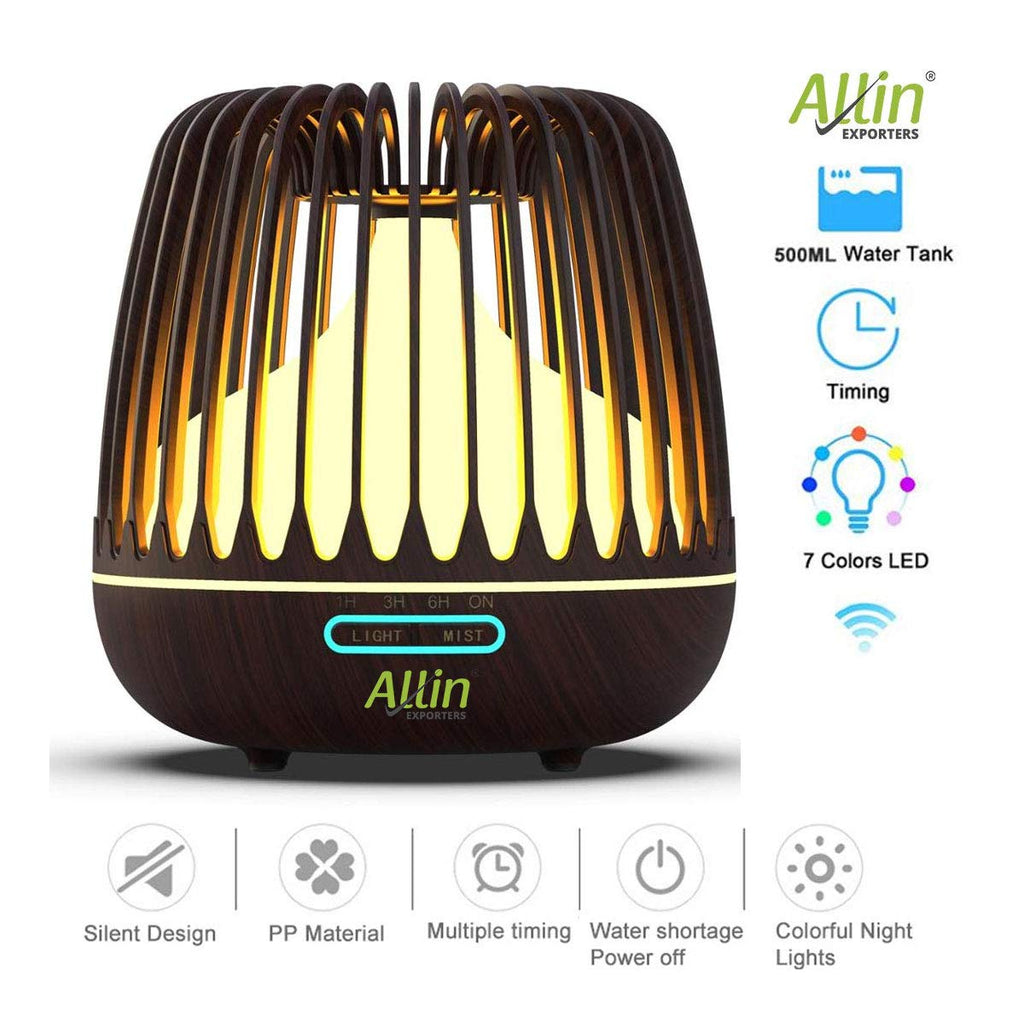 Allin Exporters DT-506H Aromatherapy Diffuser Essential Oil 4 in 1 to Purify, Ionize, Humidify & Spread Aroma Ultrasonic Humidifier Cool Mist with 7 Color Changing LED Lights (500ml, Dark Wood)