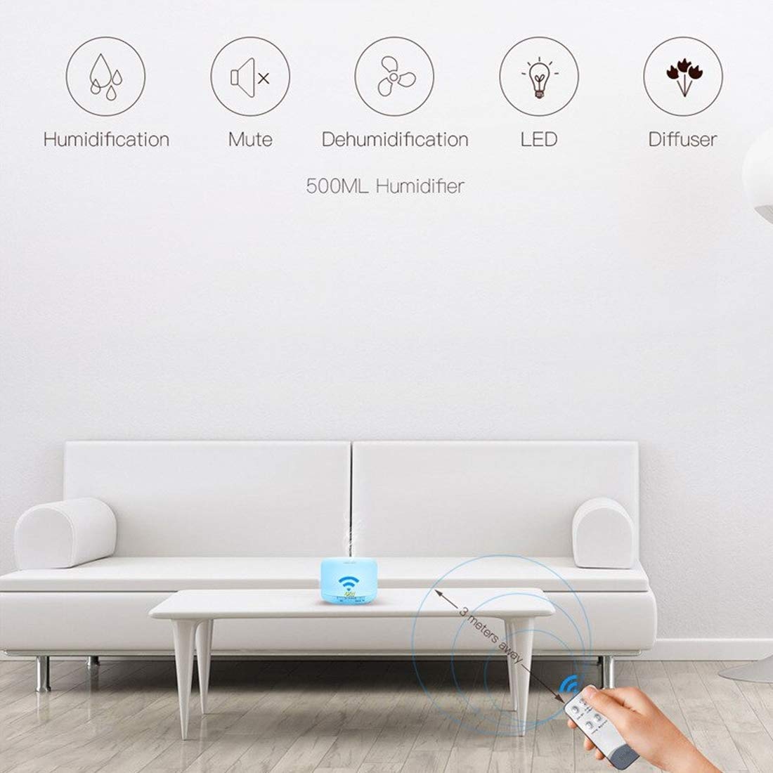 Allin Exporters DT-168W Aromatherapy Diffuser with Wireless Remote Essential Oil 4 in 1 to Purify, Ionize, Humidify & Spread Aroma Ultrasonic Humidifier with Timer Cool Mist with 7 Color Changing LED Lights (500 ML with remote)