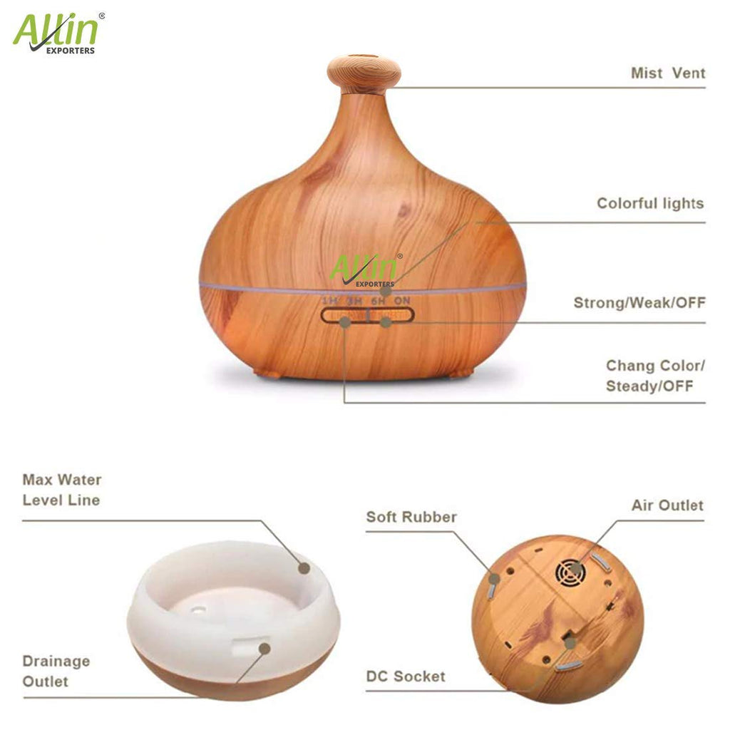 Allin Exporters DT-502LW Aromatherapy Diffuser Essential Oil 4 in 1 to Purify, Ionize, Humidify & Spread Aroma Ultrasonic Humidifier Cool Mist with 7 Changing LED Lights (500ml, Light Wood)