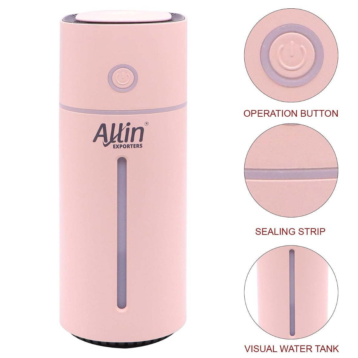 Allin Exporters Mini Ultrasonic Humidifier USB Portable Air Purifier Nano Atomization with LED Light & Filter Type for Car, Office Table, Cabin and Small Rooms (160 ml, Pink)