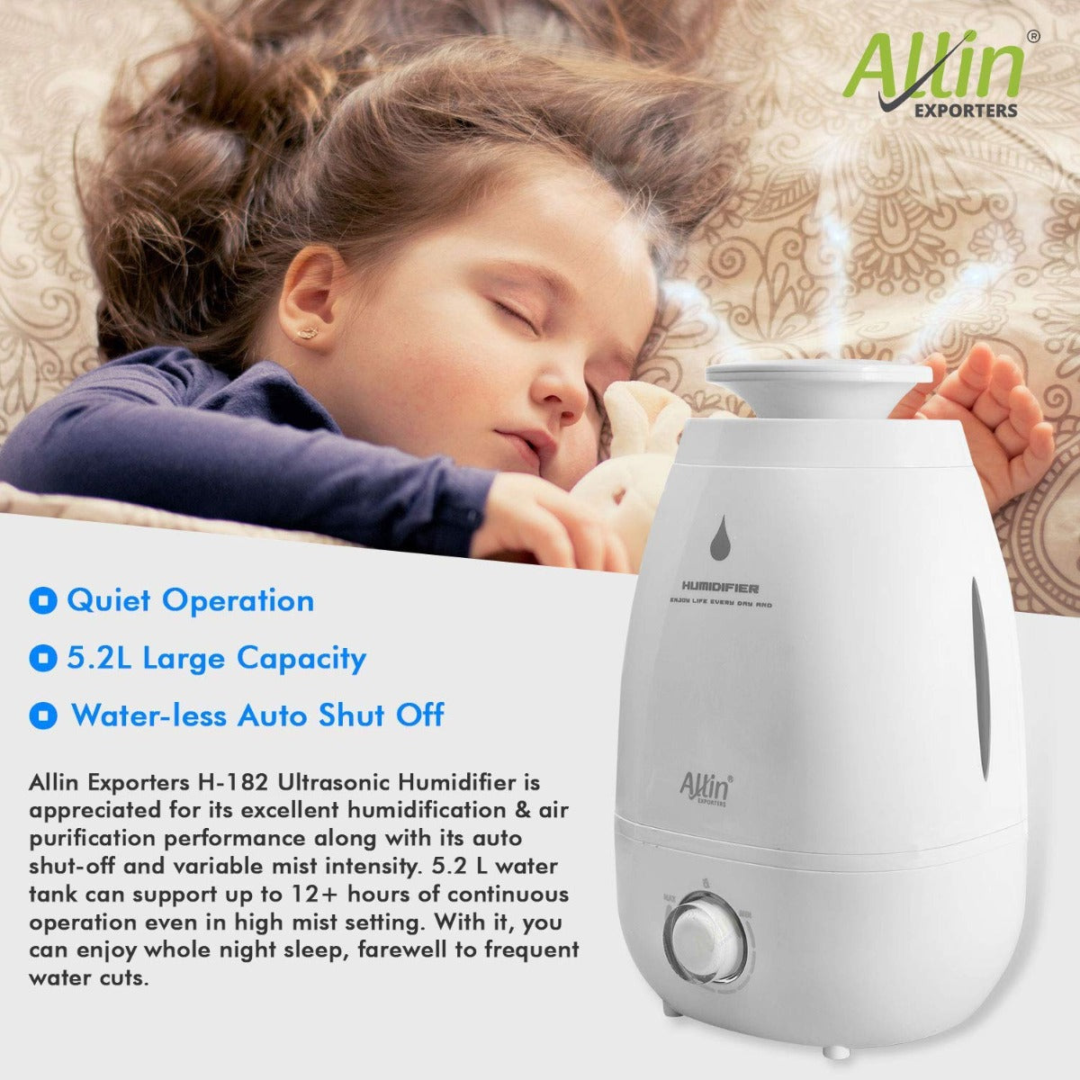 H-182 Cool Mist Ultrasonic Humidifier with Adjustable Mist and Waterless Auto-Off (5.2 L)