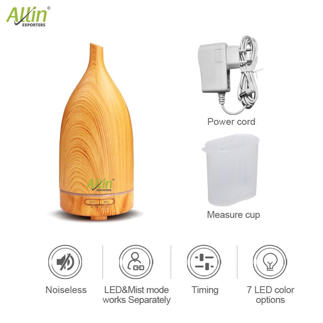 Allin Exporters DT-203LW Aromatherapy Diffuser Essential Oil 4 in 1 to Purify, Ionize, Humidify & Spread Aroma Ultrasonic Humidifier Cool Mist with 7 Color Changing LED Lights (100ml, Light Wood)
