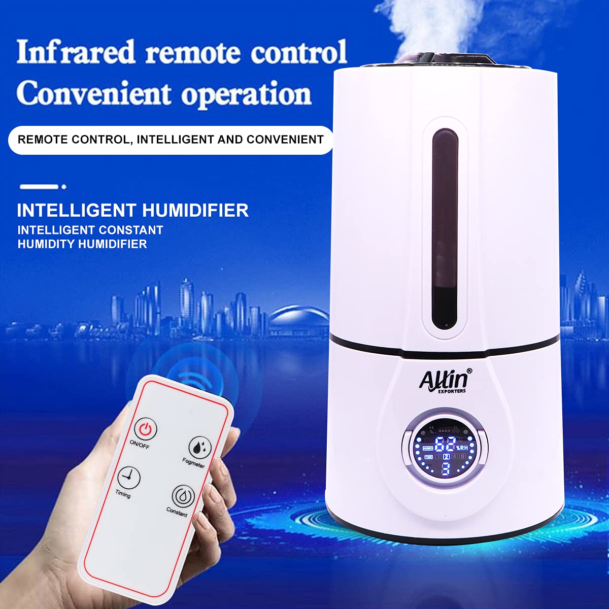 Allin Exporters J816 Ultrasonic Humidifier Cool Mist Air Purifier with Remote Control & Digital LED Display for Dryness, Cold & Cough Large Capacity for Room, Baby, Plants, Bedroom (3L)