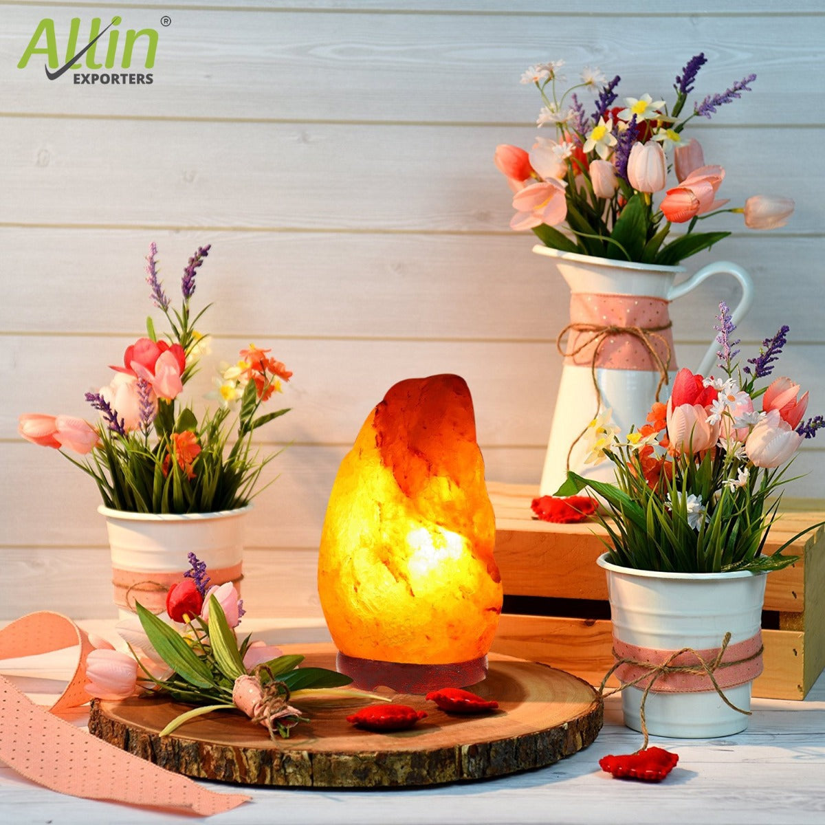 Allin Exporters Himalayan Rock Salt Lamp with Neem Wooden Base and 15W Pigmy Night Light Bulb - Natural Crystal Air Purifier Negative Ion Generator