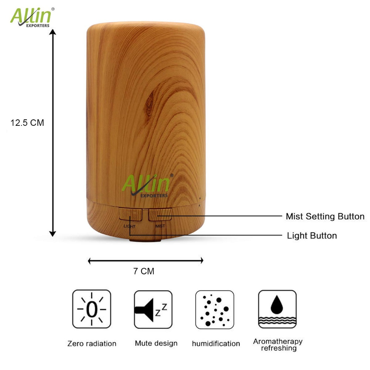 Allin Exporters DT-108LW Aromatherapy Diffuser Essential Oil 4 in 1 to Purify, Ionize, Humidify & Spread Aroma Ultrasonic Humidifier Cool Mist with 7 Color Changing LED Lights (70ml, Light Wood)