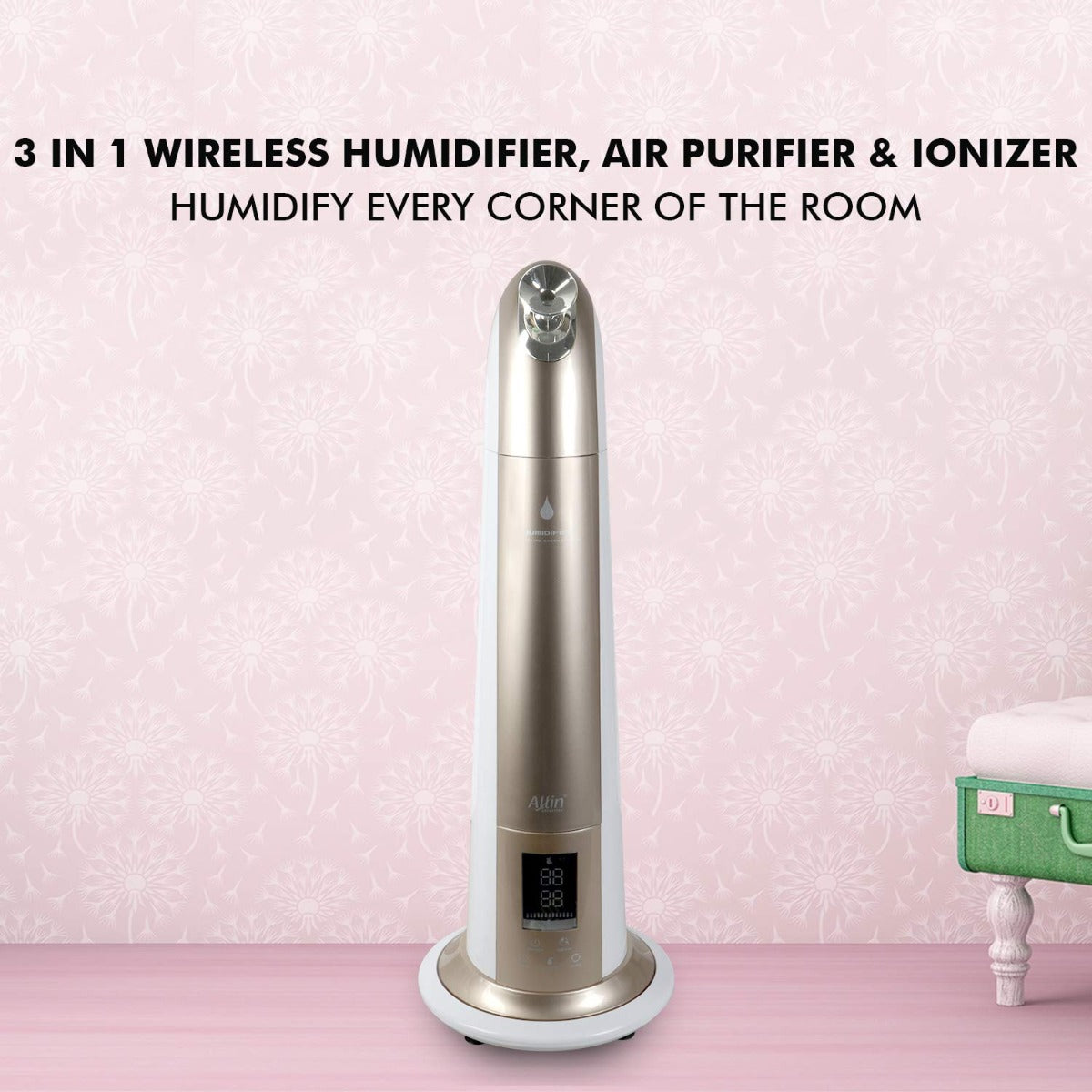 Allin Exporters H-189 Cool Mist Ultrasonic Floor Humidifier, Negative Ion Generator, Air Purifier with LED Display, Remote Control and Timer (Gold, 6 L)