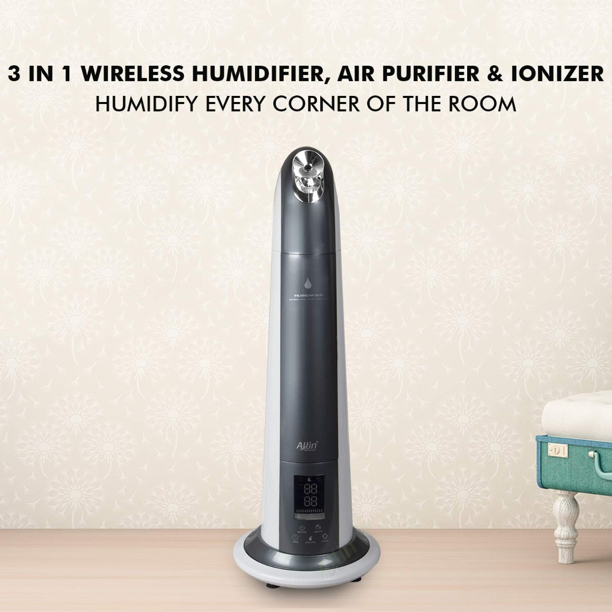 Allin Exporters H-189 Cool Mist Ultrasonic Floor Humidifier, Negative Ion Generator, Air Purifier with LED Display, Remote Control and Timer (Grey, 6L)