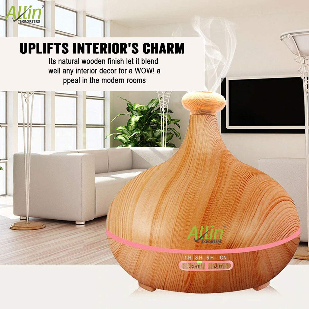 Allin Exporters DT-502LW Aromatherapy Diffuser Essential Oil 4 in 1 to Purify, Ionize, Humidify & Spread Aroma Ultrasonic Humidifier Cool Mist with 7 Changing LED Lights (500ml, Light Wood)