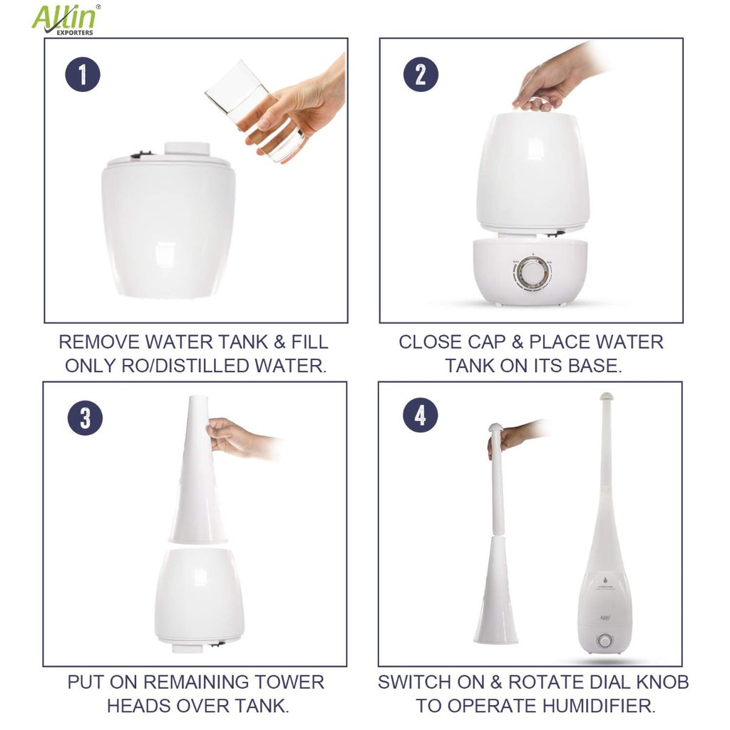Allin Exporters DT-1830T Tower Shape Ultrasonic Humidifier Cool Mist Air Purifier Large Capacity Overnight Negative Ion Generator with Adjustable Mist & Waterless Auto-Off (3.8 L)