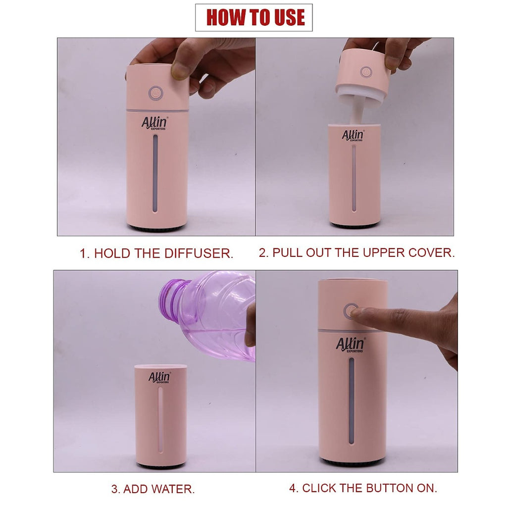 Allin Exporters Mini Ultrasonic Humidifier USB Portable Air Purifier Nano Atomization with LED Light & Filter Type for Car, Office Table, Cabin and Small Rooms (160 ml, Pink)