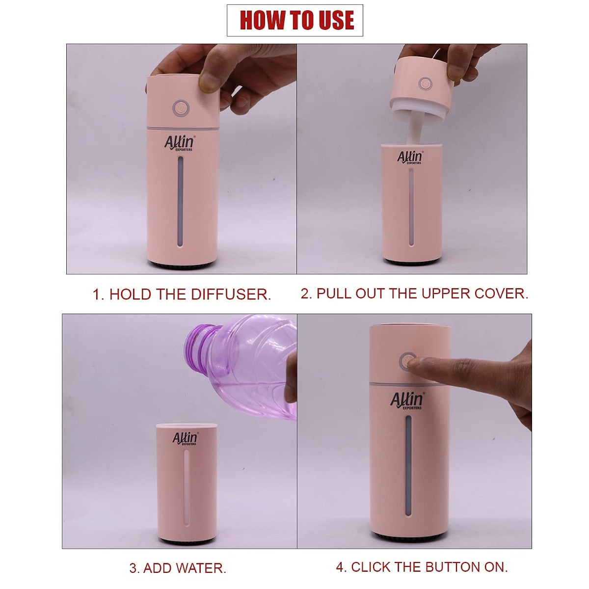 Allin Exporters Mini Ultrasonic Humidifier USB Portable Air Purifier Nano Atomization with LED Light & Filter Type for Car, Office Table, Cabin and Small Rooms (160 ml, Pink)