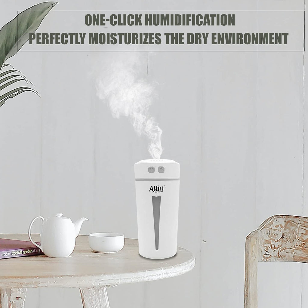 Allin Exporters Mini Ultrasonic Humidifier USB Portable Air Purifier Nano Atomization with LED Light & Filter Type for Car, Office Table, Cabin and Small Rooms (160 ml, White)