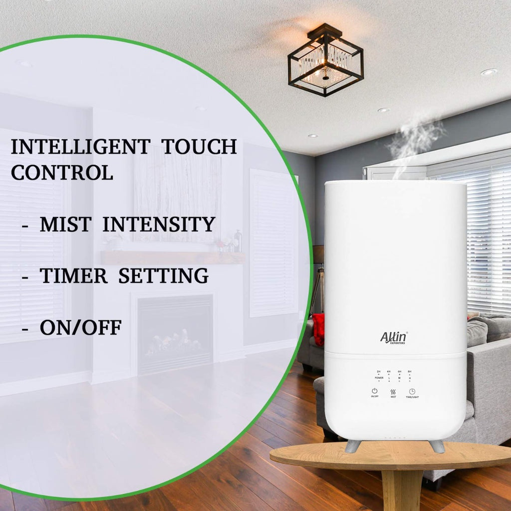 Allin Exporters LH-2030A Top Fill Humidifier with Touch Screen, Night Light & Essential Oil Tray Ultrasonic Cool Mist for Cold & Cough Ideal for Baby Bedroom & Office (4L, Silver)