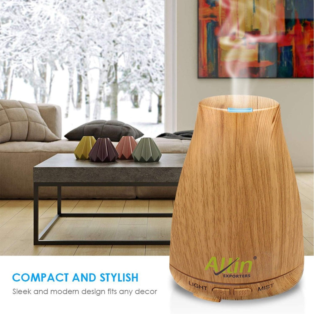 Allin Exporters DT-105LW Aromatherapy Diffuser Essential Oil 4 in 1 to Purify, Ionize, Humidify & Spread Aroma Ultrasonic Humidifier Cool Mist with 7 Color Changing LED Lights (200ml, Light Wood)