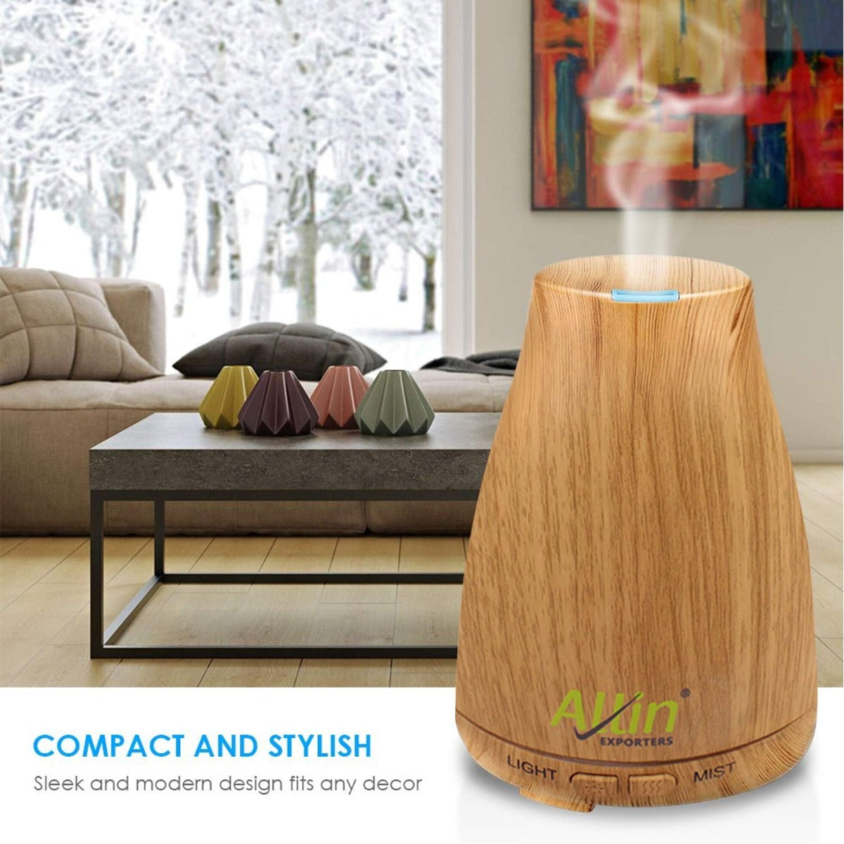 Allin Exporters DT-105LW Aromatherapy Diffuser Essential Oil 4 in 1 to Purify, Ionize, Humidify & Spread Aroma Ultrasonic Humidifier Cool Mist with 7 Color Changing LED Lights (200ml, Light Wood)