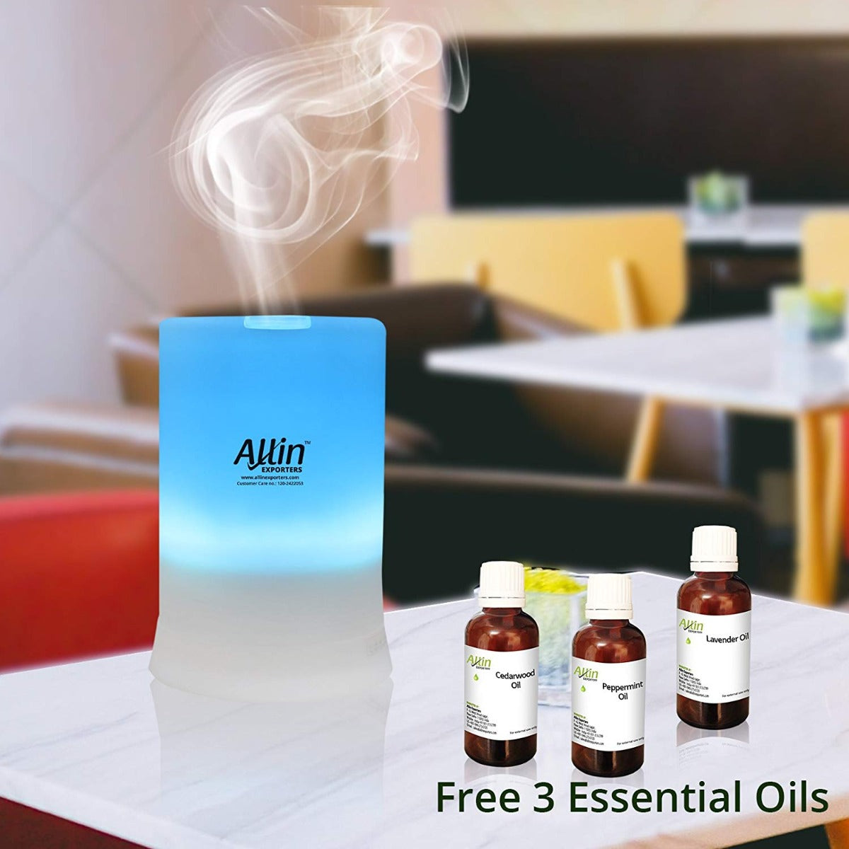 Allin Exporters DT-2109 100 ml Aroma Diffuser & Ultrasonic Humidifier with 3 Free 15ml Lavender, Peppermint and Cedarwood Oil