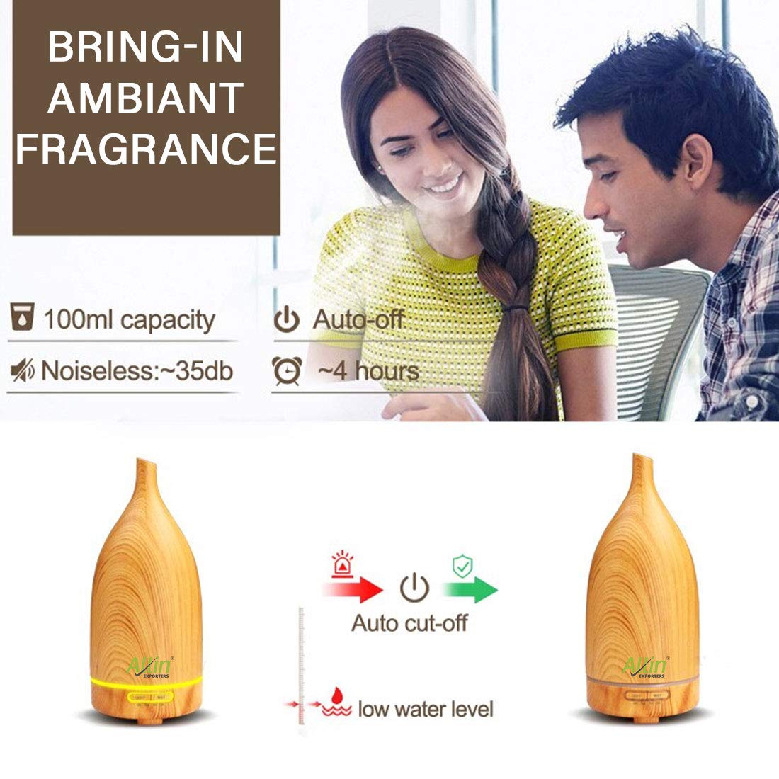 Allin Exporters DT-203LW Aromatherapy Diffuser Essential Oil 4 in 1 to Purify, Ionize, Humidify & Spread Aroma Ultrasonic Humidifier Cool Mist with 7 Color Changing LED Lights (100ml, Light Wood)