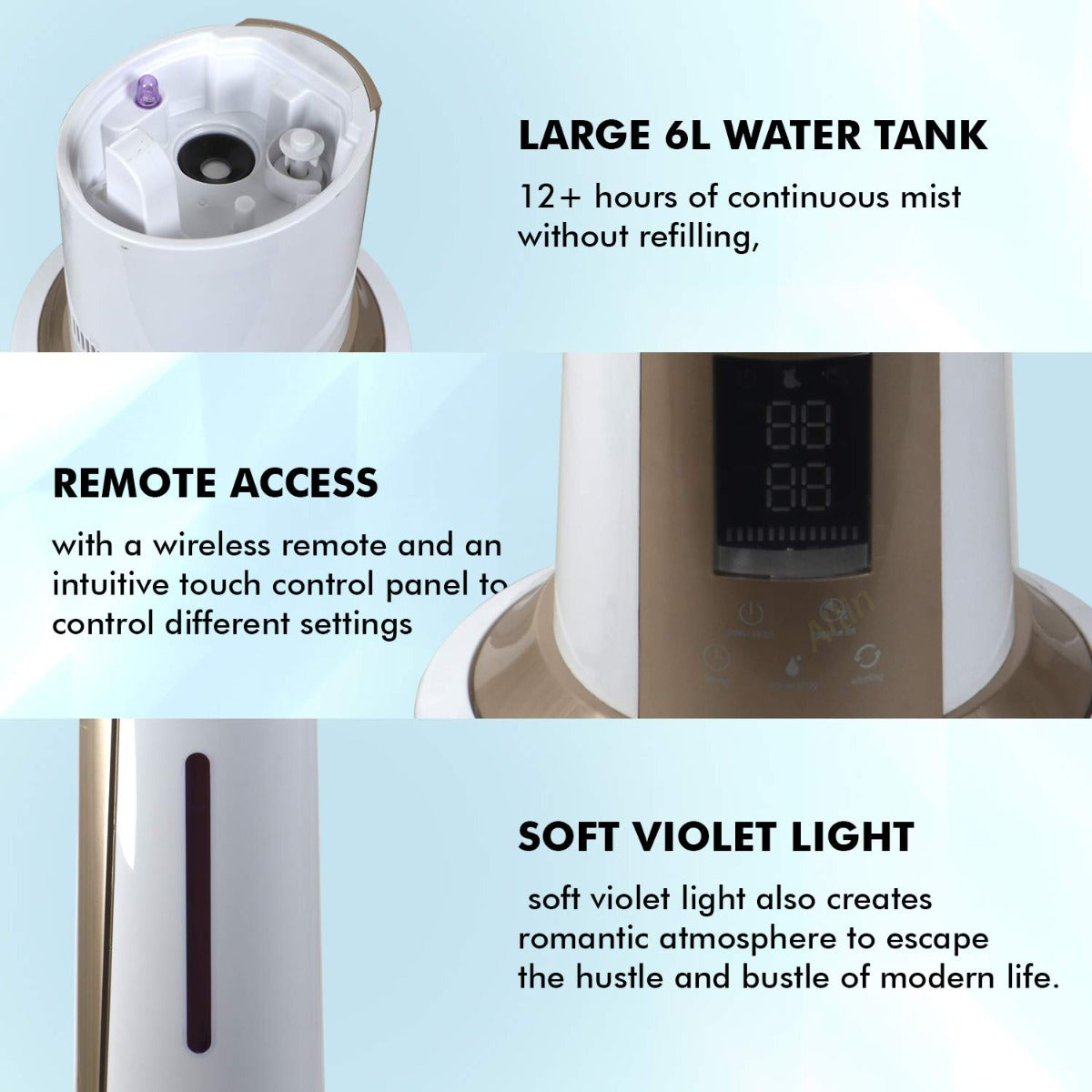 Allin Exporters H-189 Cool Mist Ultrasonic Floor Humidifier, Negative Ion Generator, Air Purifier with LED Display, Remote Control and Timer (Gold, 6 L)