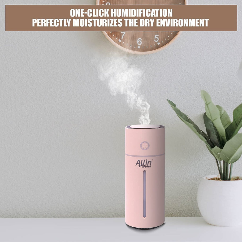 Allin Exporters Mini Ultrasonic Humidifier USB Portable Air Purifier Nano Atomization with LED Light & Filter Type for Car, Office Table, Cabin and Small Rooms (160 ml, Pink)