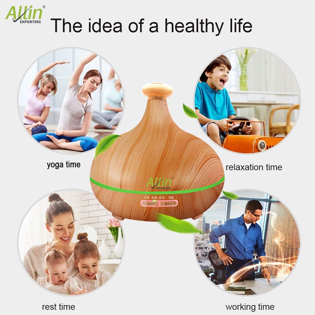 Allin Exporters DT-502LW Aromatherapy Diffuser Essential Oil 4 in 1 to Purify, Ionize, Humidify & Spread Aroma Ultrasonic Humidifier Cool Mist with 7 Changing LED Lights (500ml, Light Wood)
