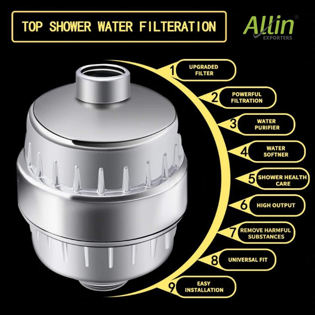 Allin Exporters 15 Stage Shower Filter Tap Hard Water Softener with Replaceable Multi-Stage Cartridge Activated Carbon for Chlorine Removal, Skin & Hair Conditioning