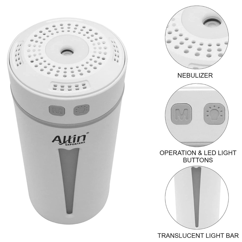Allin Exporters Mini Ultrasonic Humidifier USB Portable Air Purifier Nano Atomization with LED Light & Filter Type for Car, Office Table, Cabin and Small Rooms (160 ml, White)