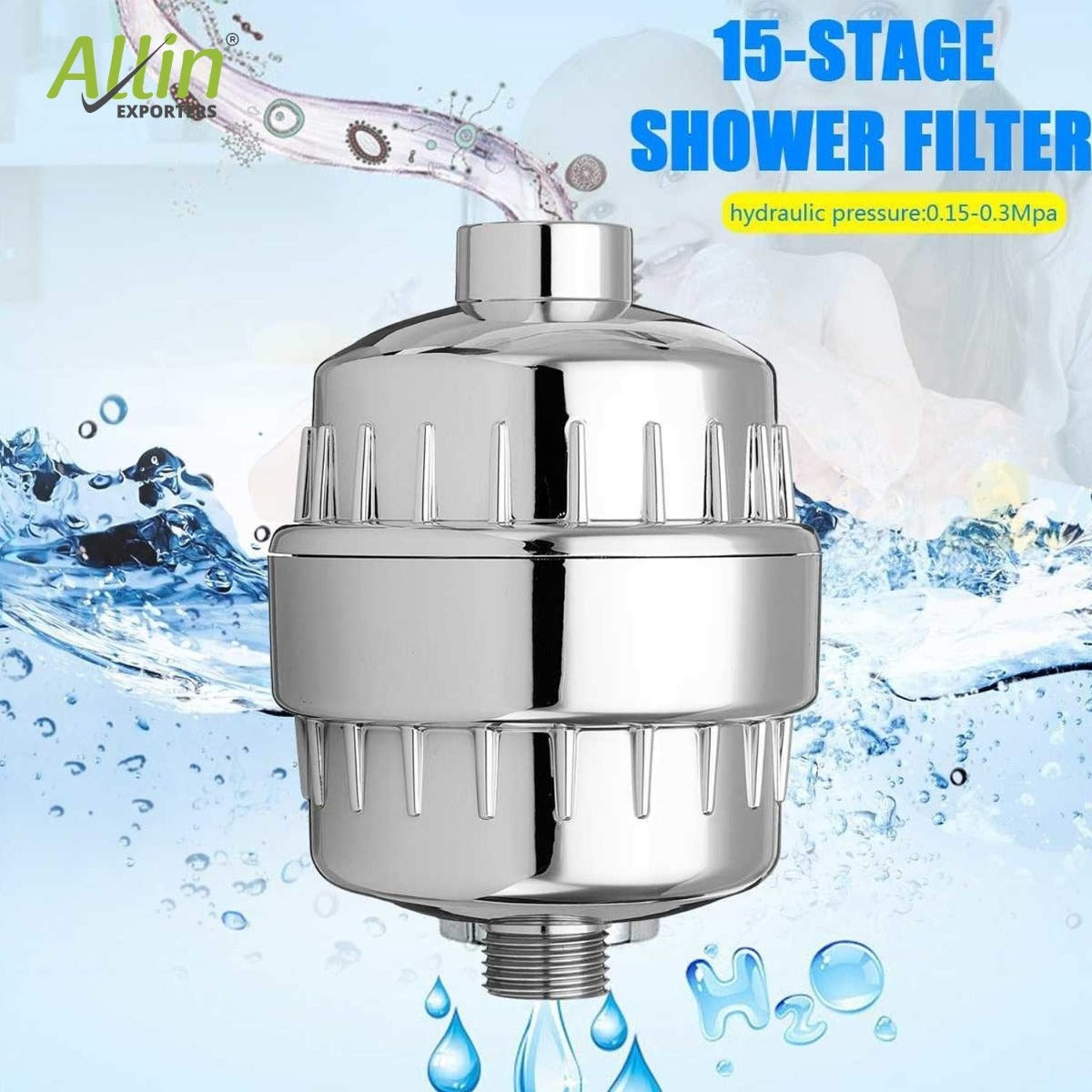 Allin Exporters 15 Stage Shower Filter Tap Hard Water Softener with Replaceable Multi-Stage Cartridge Activated Carbon for Chlorine Removal, Skin & Hair Conditioning