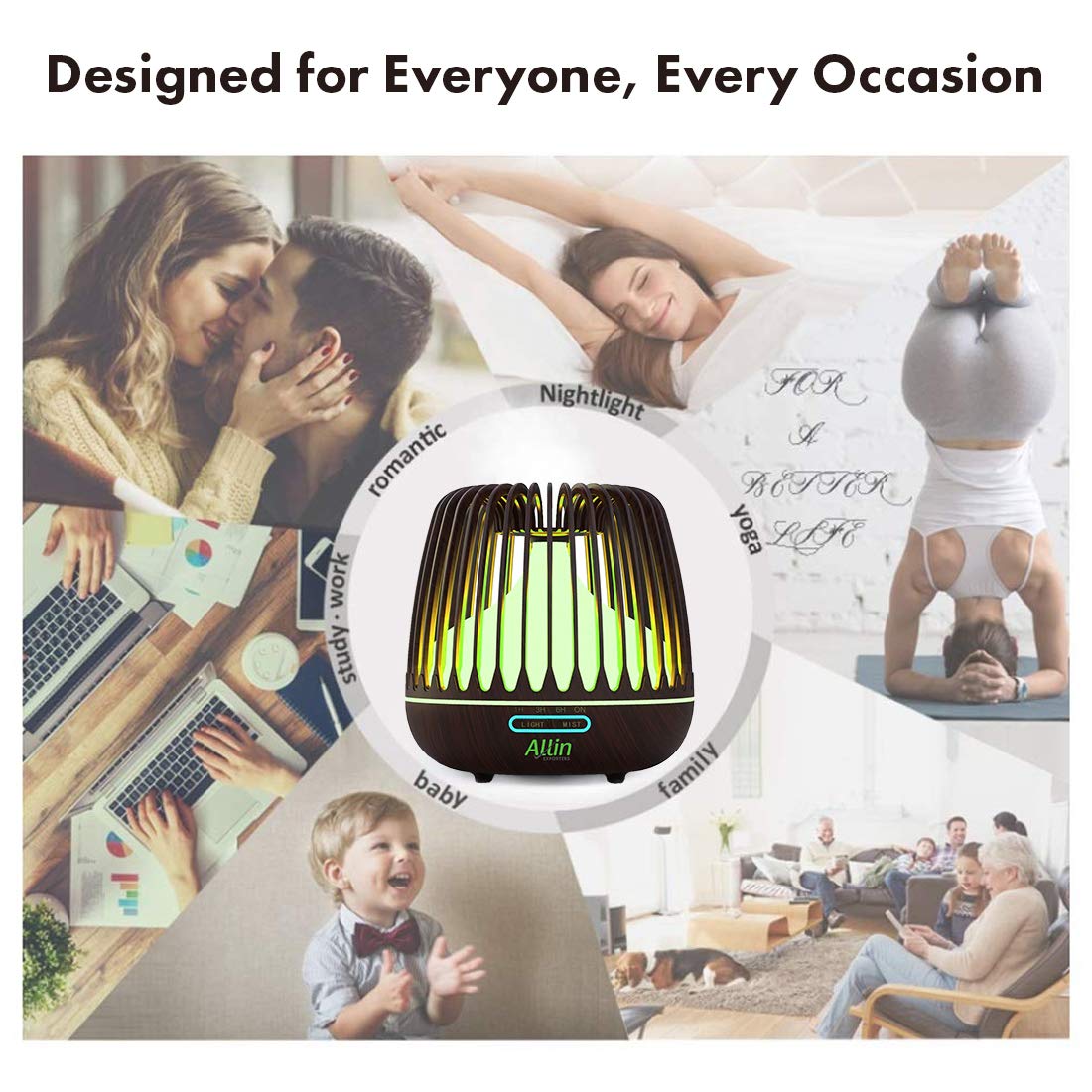 Allin Exporters DT-506H Aromatherapy Diffuser Essential Oil 4 in 1 to Purify, Ionize, Humidify & Spread Aroma Ultrasonic Humidifier Cool Mist with 7 Color Changing LED Lights (500ml, Dark Wood)