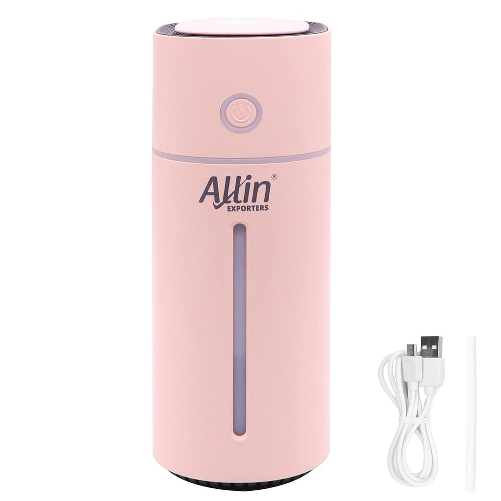 Allin Exporters Mini Ultrasonic Humidifier USB Portable Air Purifier Nano Atomization with LED Light & Filter Type for Car, Office Table, Cabin and Small Rooms (160 ml, Pink)