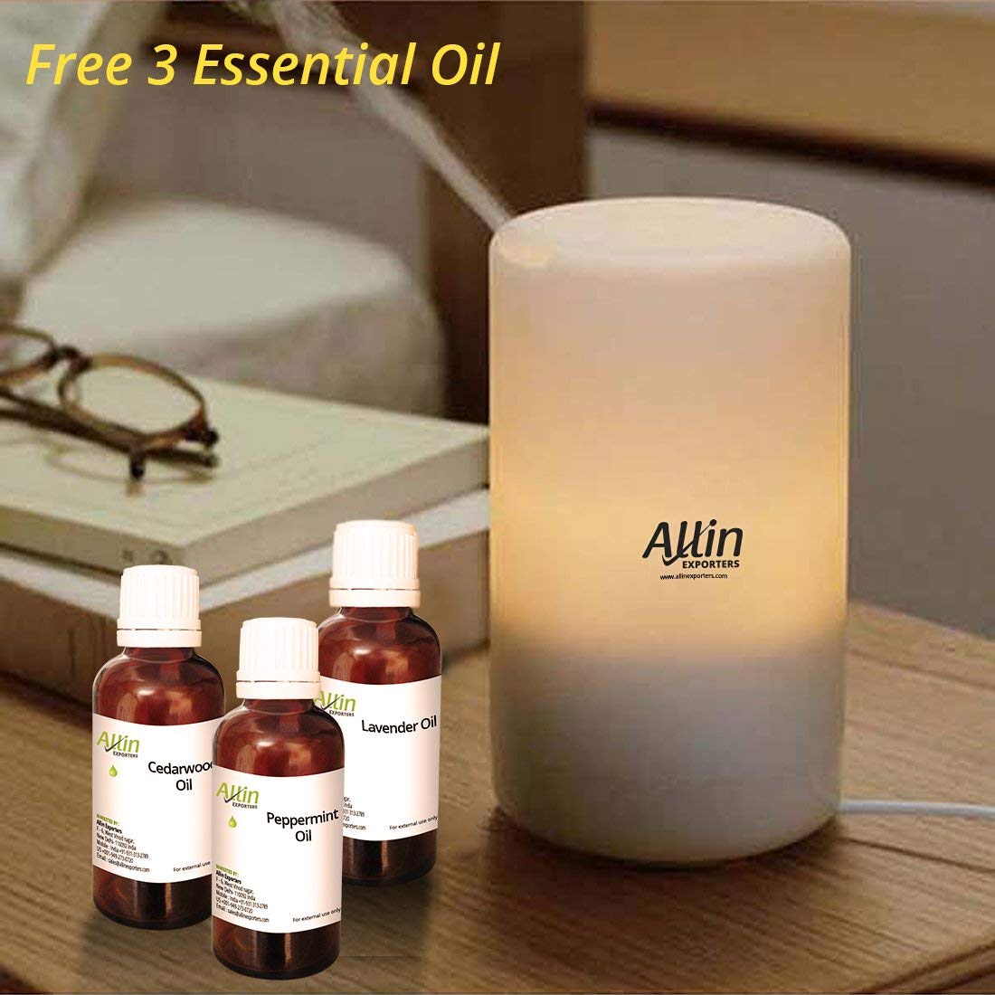 Allin Exporters DT-2109 100 ml Aroma Diffuser & Ultrasonic Humidifier with 3 Free 15ml Lavender, Peppermint and Cedarwood Oil