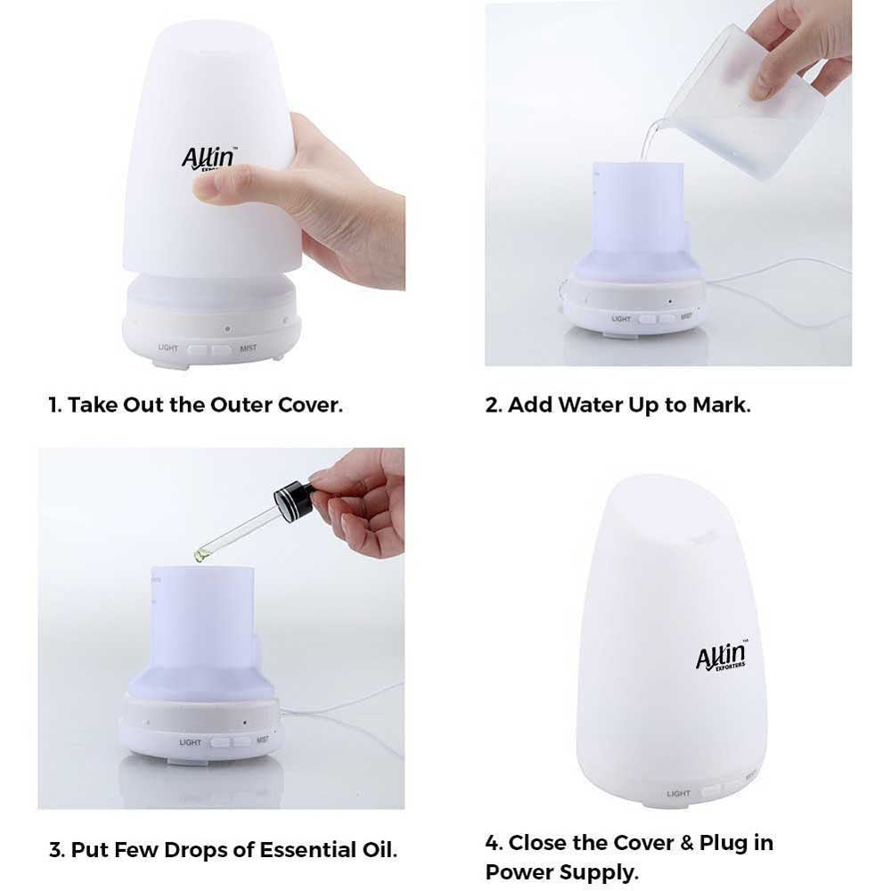 Allin Exporters DT-1509GS Aromatherapy Diffuser Essential Oil 4 in 1 to Purify, Ionize, Humidify & Spread Aroma BPA Free Ultrasonic Humidifier Cool Mist with 7 Color Changing LED Lights (100ml)
