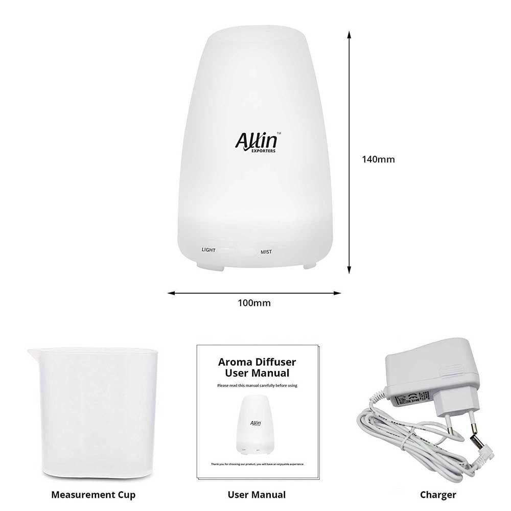 Allin Exporters DT-1509GS Aromatherapy Diffuser Essential Oil 4 in 1 to Purify, Ionize, Humidify & Spread Aroma BPA Free Ultrasonic Humidifier Cool Mist with 7 Color Changing LED Lights (100ml)
