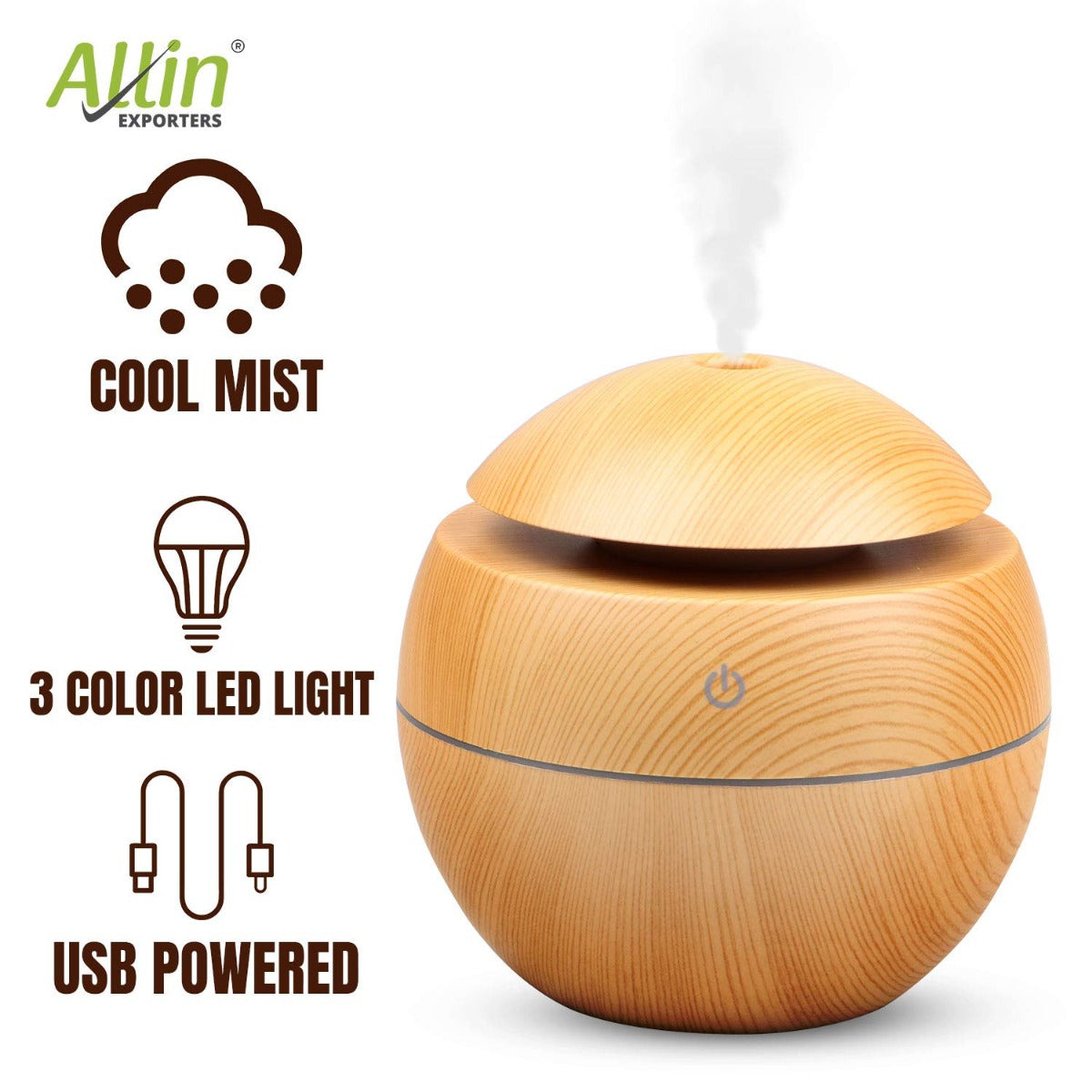 Allin Exporters PY006-LW 130 ml USB Mini Ultrasonic Humidifier Portable Essential Oil Aroma Diffuser with 3 LED Colors for Car, Office Cabin and Small Rooms