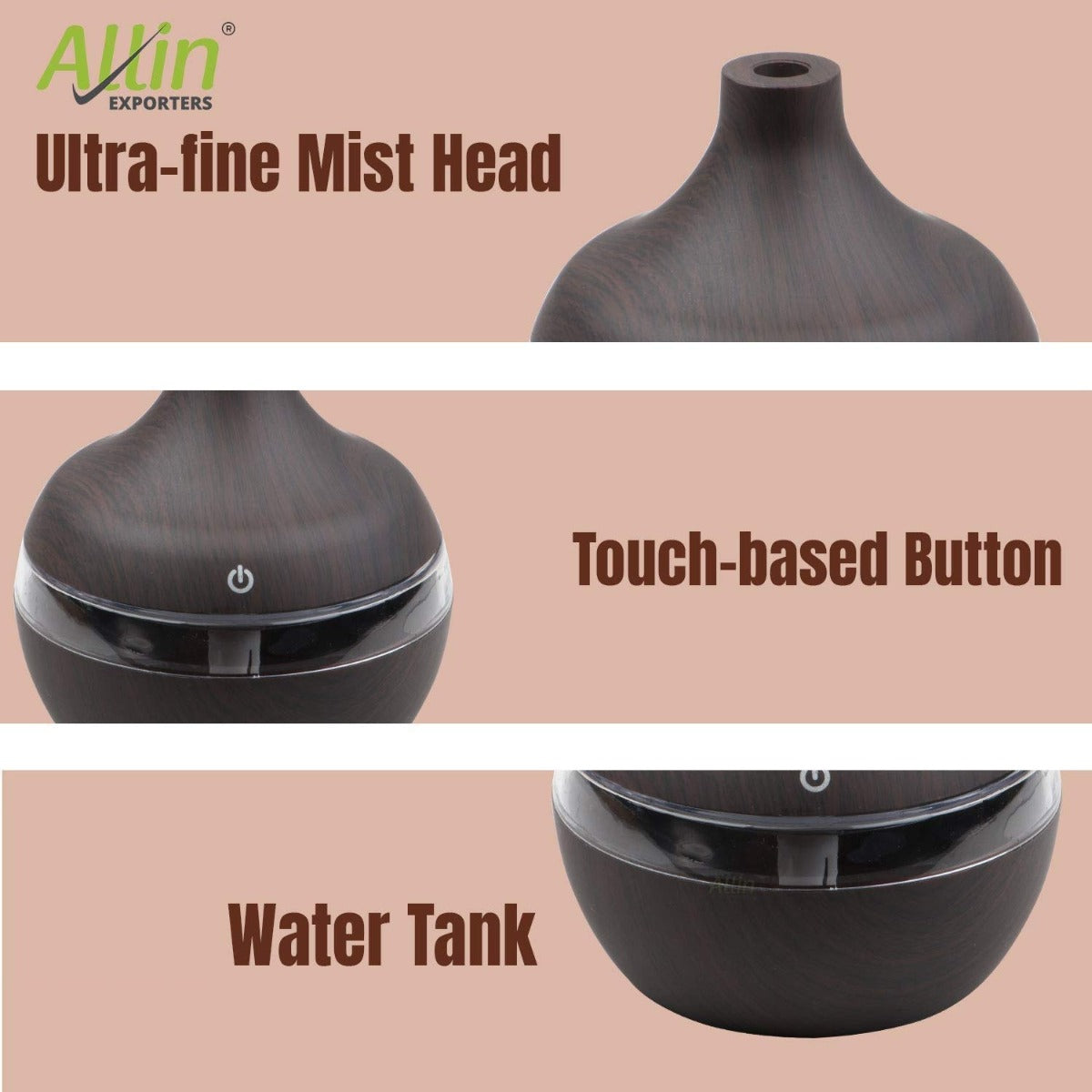 Allin Exporters PY002-BW 200 ml USB Mini Ultrasonic Humidifier Portable Essential Oil Aroma Diffuser with 3 LED Colors for Car, Office Cabin and Small Rooms (Brown Wooden)