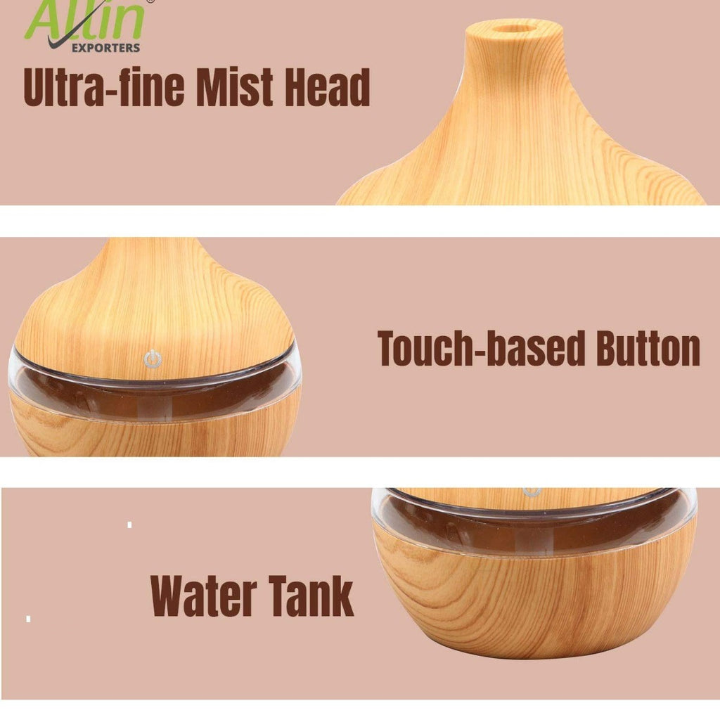 Allin Exporters PY002-LW 200 ml USB Mini Ultrasonic Humidifier Portable Essential Oil Aroma Diffuser with 3 LED Colors for Car, Office Cabin and Small Rooms (Light Wooden)