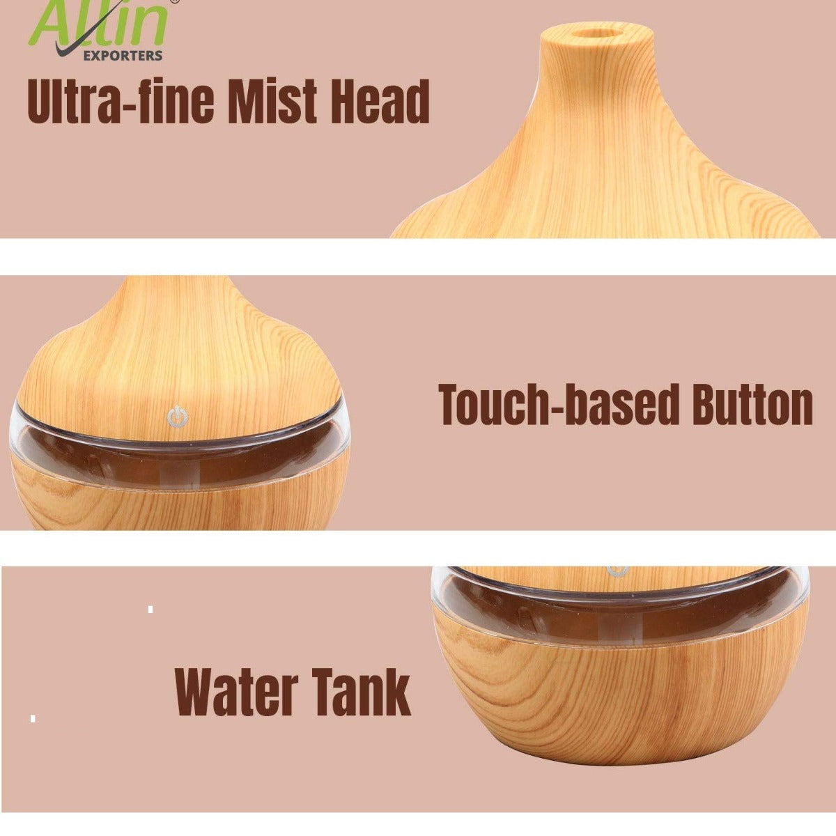 Allin Exporters PY002-LW 200 ml USB Mini Ultrasonic Humidifier Portable Essential Oil Aroma Diffuser with 3 LED Colors for Car, Office Cabin and Small Rooms (Light Wooden)