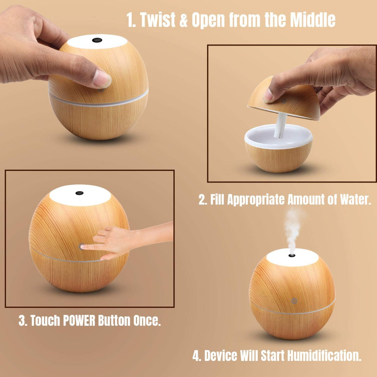 Allin Exporters PY045-LW 130 ml USB Mini Ultrasonic Humidifier Portable Essential Oil Aroma Diffuser with RGB LED Colors for Car, Office Cabin and Small Rooms