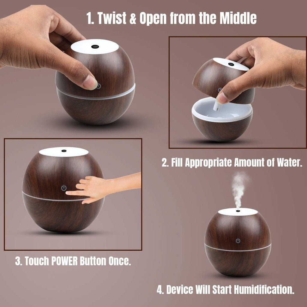 Allin Exporters PY045-BW 130 ml USB Mini Ultrasonic Humidifier Portable Essential Oil Aroma Diffuser with 3 LED Colors for Car, Office Cabin and Small Rooms